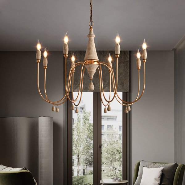 Candelabro moderno de 8 luces estilo vela de mediados de siglo, lámpara colgante de madera ovalada dorada