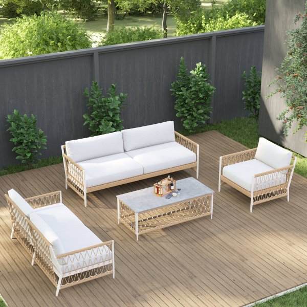 Conjunto de jardín en aluminio para 6 personas, cojines resistente a la Intemperie en blanco y caqui, estilo Boho para terraza y exterior