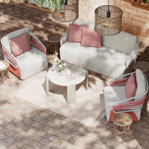 Conjunto de jardín en aluminio y cuerda tejida con mesa de centro para 4 personas, cojines impermerables resistente a la intemperie en gris y rojo, conjunto terraza estilo moderno