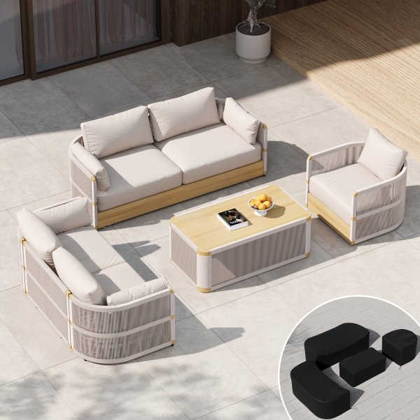 Conjunto de sofá giratorio de exterior Costra Moderno de aluminio y cuerda con mesa de centro y funda en color Marfil