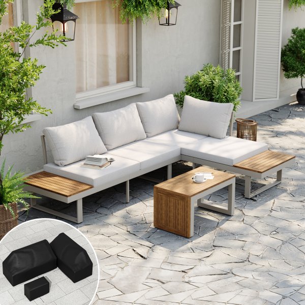 Conjunto de sofá modular de exterior Slatera de acacia y aluminio en gris claro con funda negra