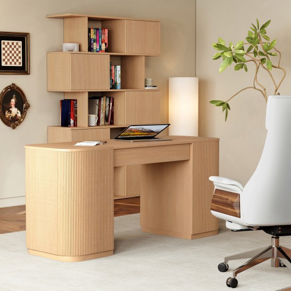 Escritorio de oficina moderno de 60" de pie con acabado natural y estantería de escalera con puerta corredera