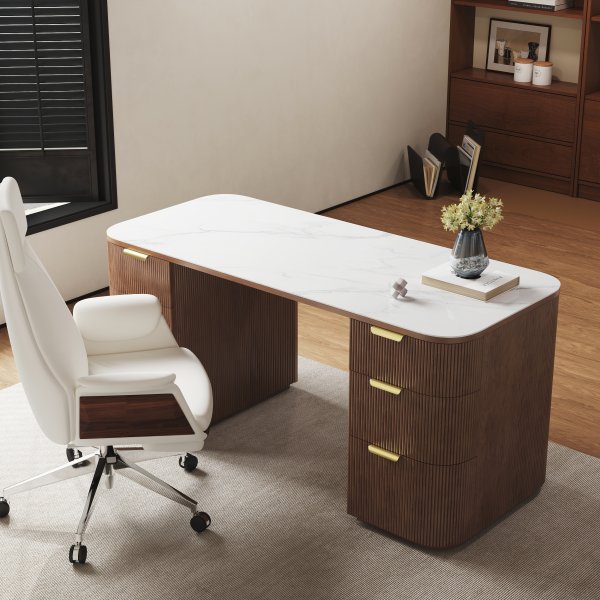 Escritorio rectangular de madera de fresno y nogal y silla de oficina reclinable de cuero (63.8")