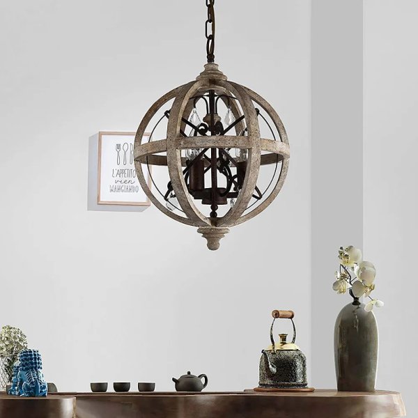 Lámpara de Araña Metálica de Cristal de 3 Luces Retro Luz Rústica de Globo Pequeño de Madera