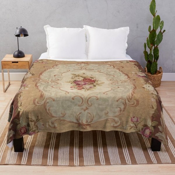 Antique Rose Floral French Aubusson Rug Print Throw Blanket