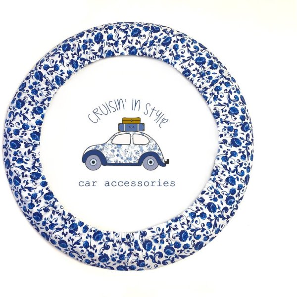 Country Blue Scroll Floral Steering Wheel Cover With Gripper Fabric, Matching Keychain