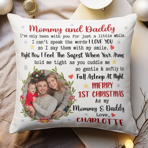 Daddy Mommy First Christmas With Newborn Baby - Personalized Photo Pillow