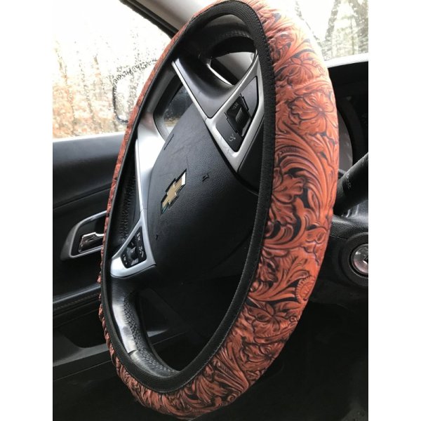 Dark Tooled Leather Design Steering Wheel Cover