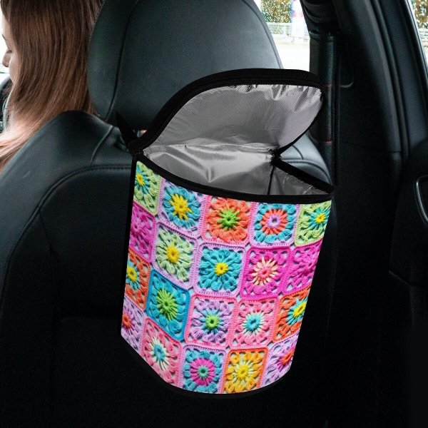 Faux Crochet Car Trash Bag, Rainbow Reusbale Rubbish Bag For Car, Car Accessories
