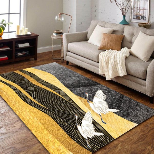 Japanese Art Crane Bird Rug, Gold Texture Rug, Luxury Rug For Room
