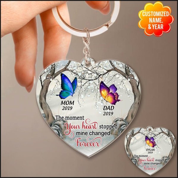 The Moment Your Heart Stopped Mine Changed Forever Butterfly Custom Memorial Wooden Keychain