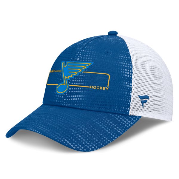 Men's Fanatics Blue St. Louis Blues Authentic Pro Rink Boxed Logo Trucker Hat