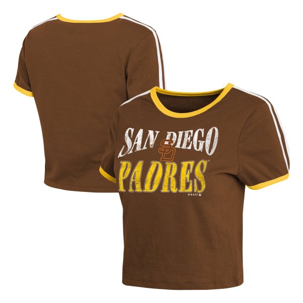 Women's WEAR by Erin Andrews  Brown San Diego Padres Cropped Throwback Ringer Baby T-Shirt