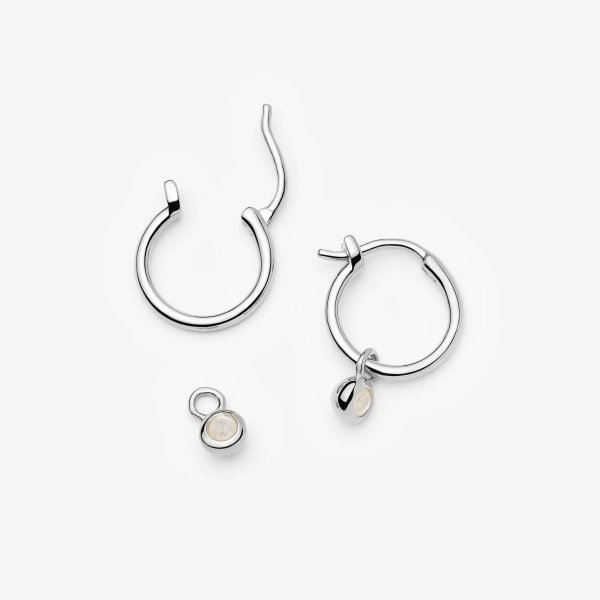 June Birthstone Mini Charm Hoop Earrings | Sterling Silver/Rainbow Moonstone