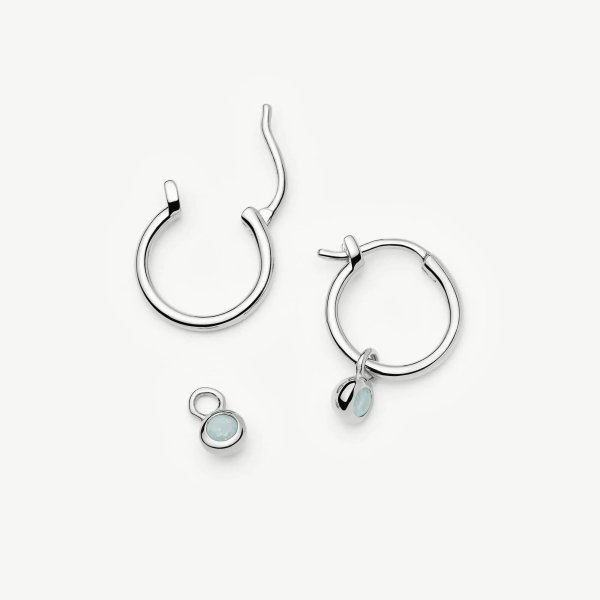March Birthstone Mini Charm Hoop Earrings | Sterling Silver/Milky Aquamarine