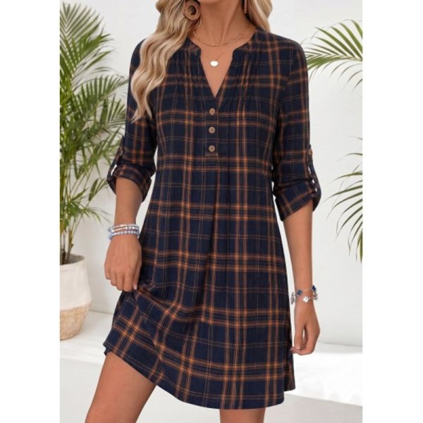 Navy Plaid Short Tummy Coverage Long Sleeve Dress