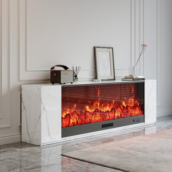 78.7" Modern White Marble Veneer Sintered Stone Electric Fireplace TV Stand with Remote Control Temperature Adjustable