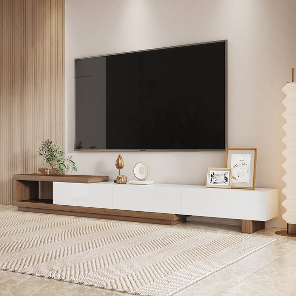 Quoint 100.4" Modern TV Stand Retracted & Extendable 3-Drawer Media Console Walnut
